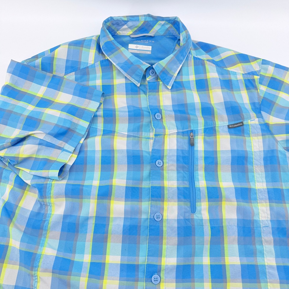 Columbia Omni-Shade Hiking Shirt Mens Large Plaid Short Sleeve Blue Lime